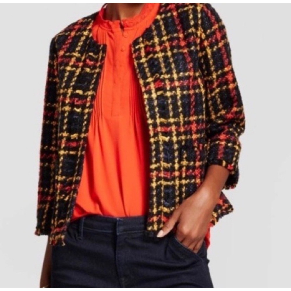 A New Day Womens Plaid Tweed‎ Jacket Collarless Boucle Blazer Red Black Yellow